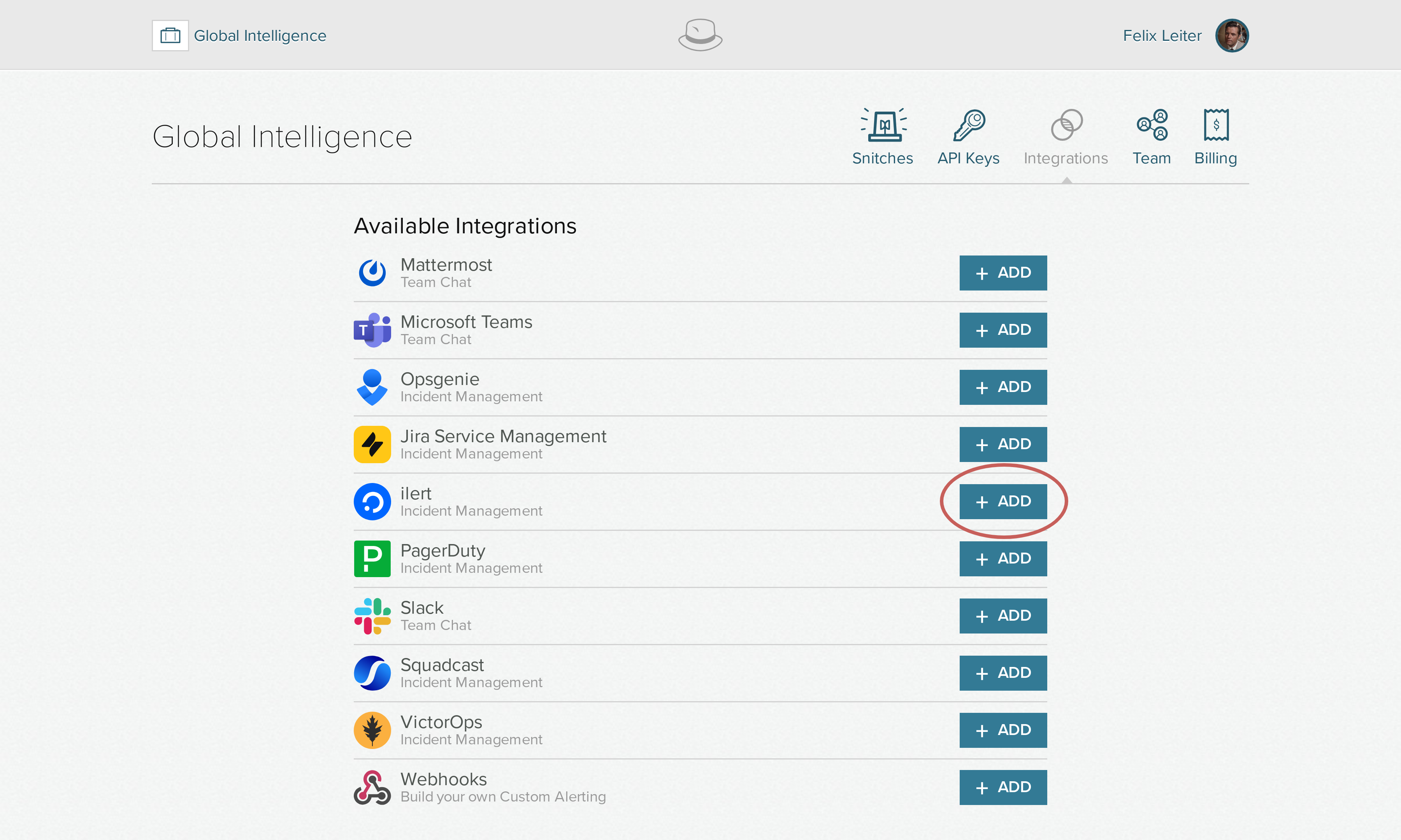 A screenshot of the Dead Man's Snitch Integrations webpage